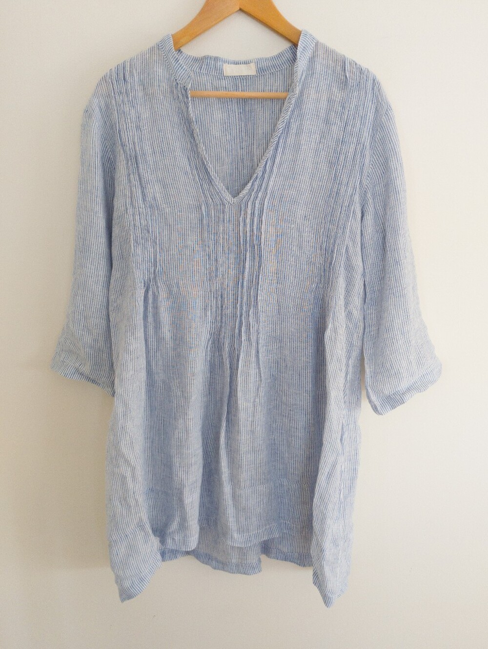 CP Shades Regina Linen Pintuck Tunic Top Blue White Stripe Small Coastal USA